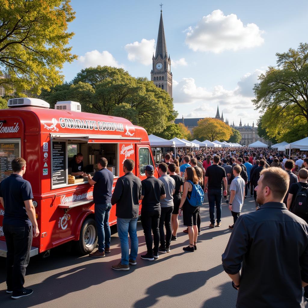 Customers lining up at a gourmet griddle food truck