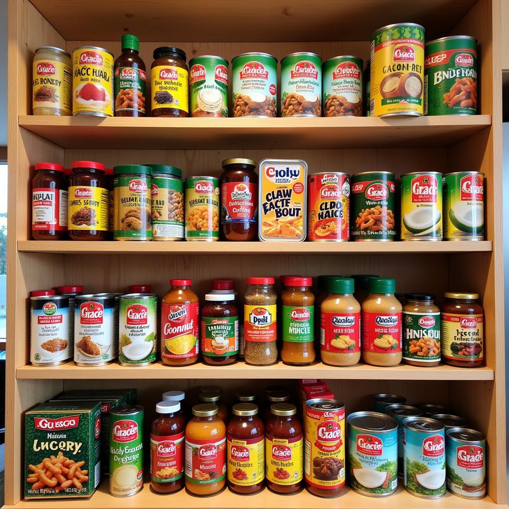 Assortment of Grace Foods products on a kitchen shelf