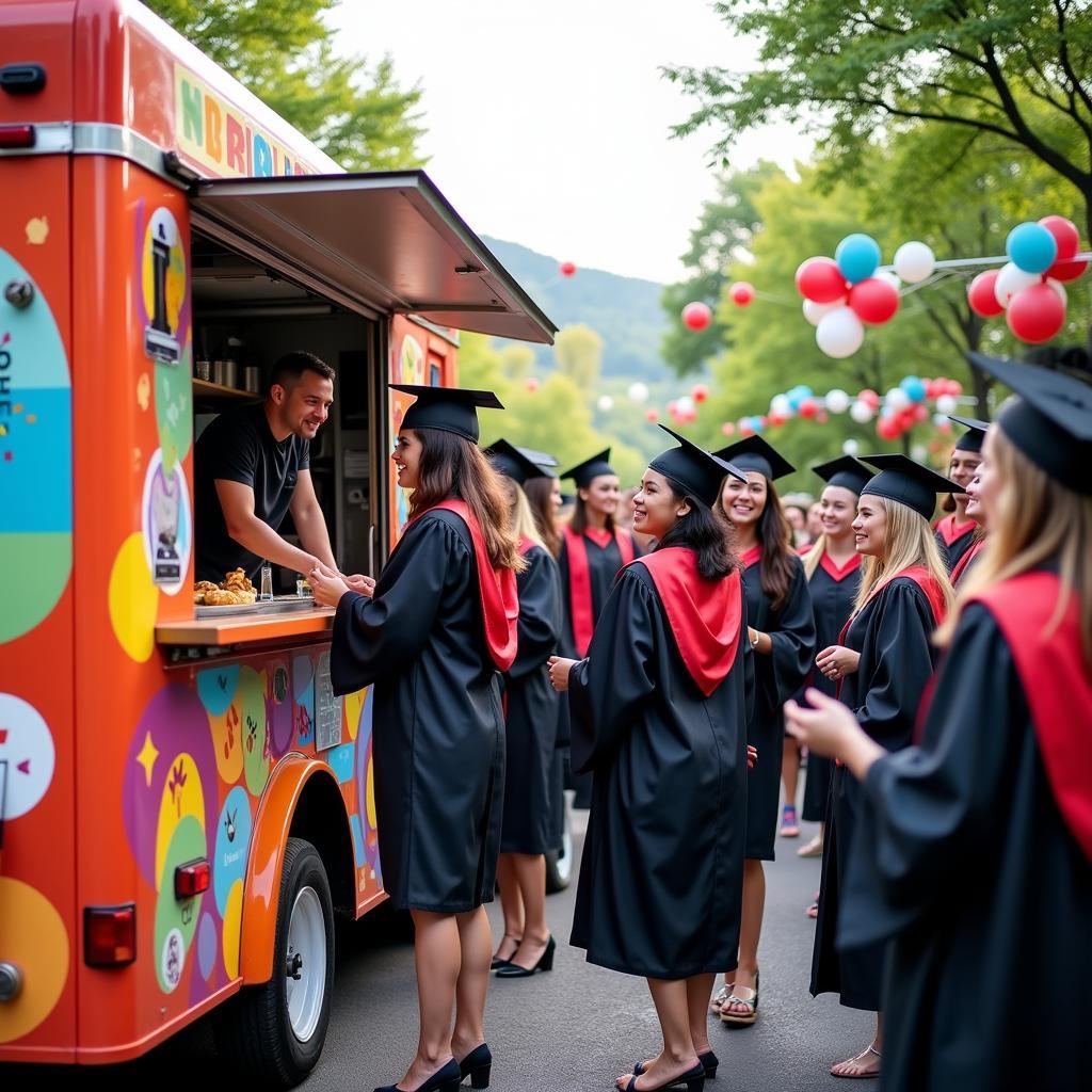 Food truck serving graduates at a graduation party celebration