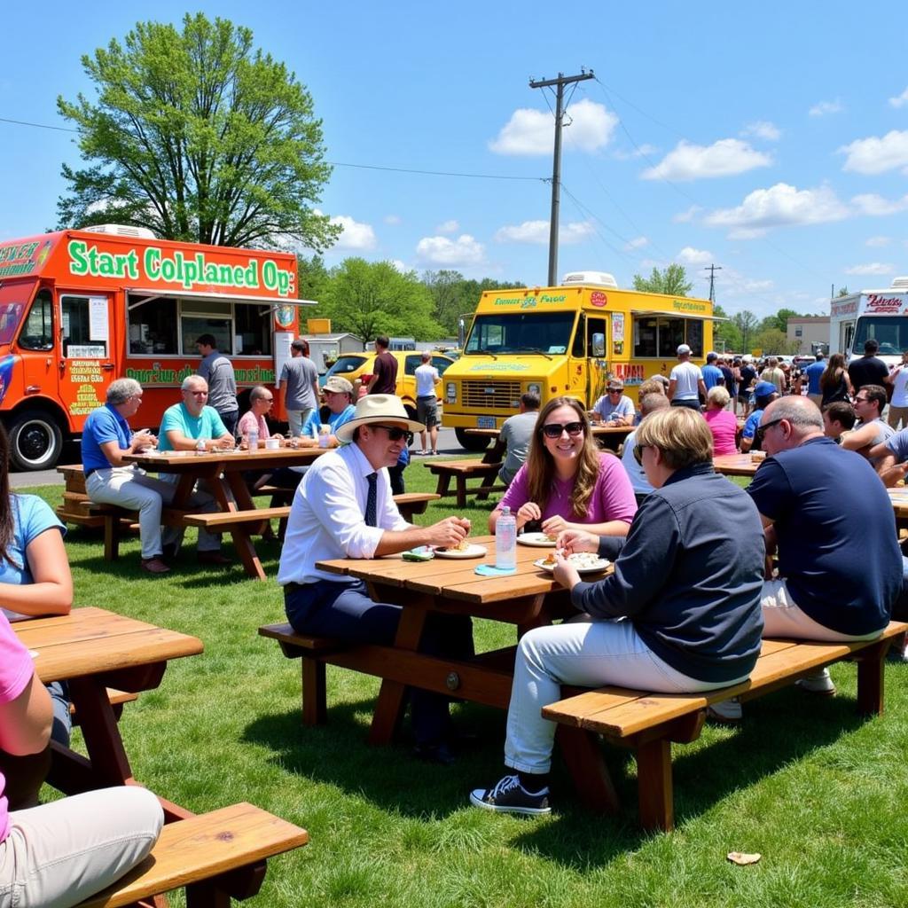 Grafton Food Truck Scene: A photo depicting a lively scene with people gathered around various food trucks, enjoying their meals in a vibrant outdoor setting.