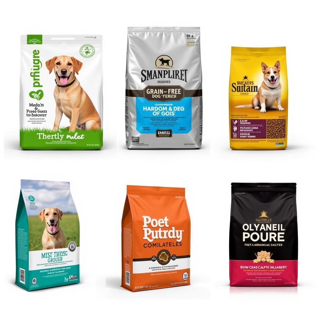 Different brands of grain-free dog food in 40lb bags.