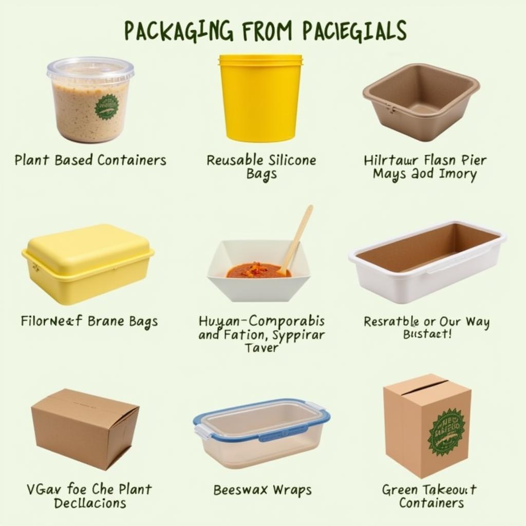 Various types of green food packaging, including biodegradable containers, reusable bags, and compostable wraps.