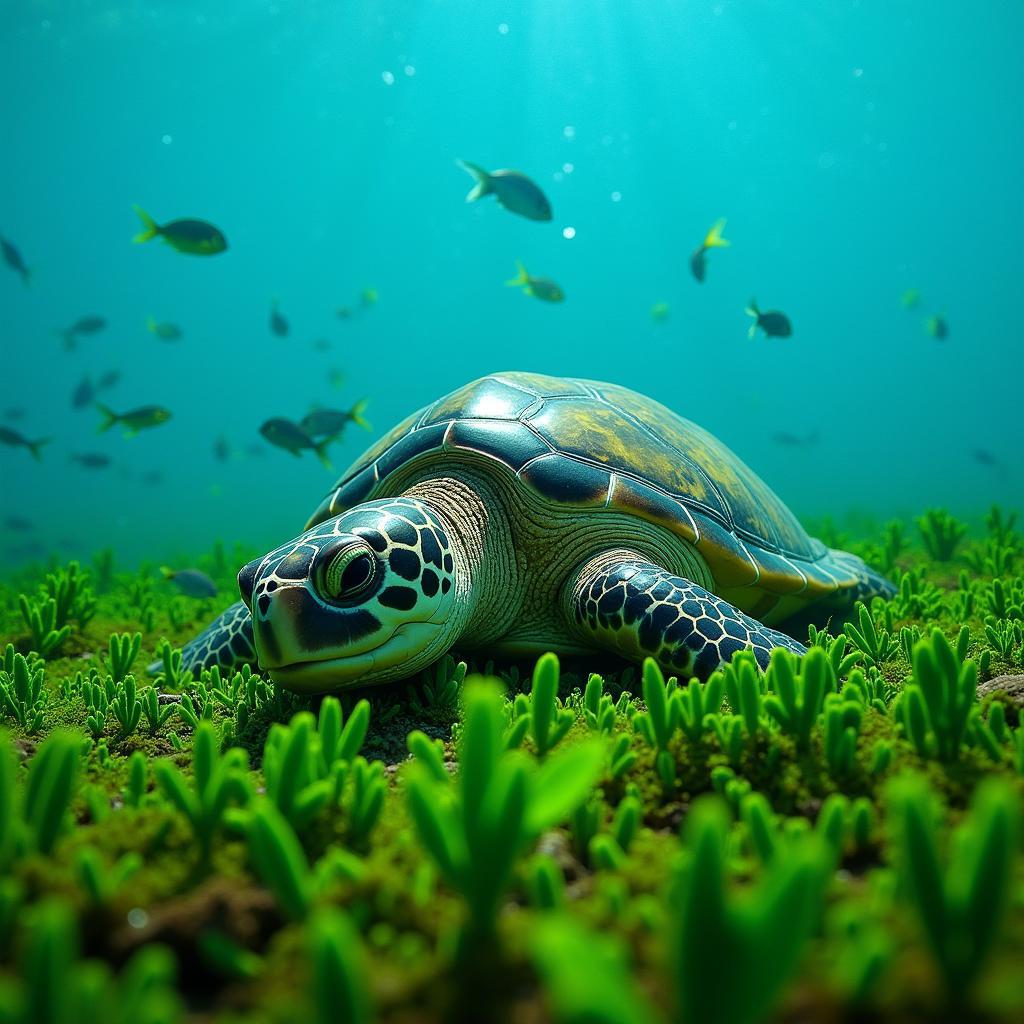 Green sea turtle feeding on seagrass