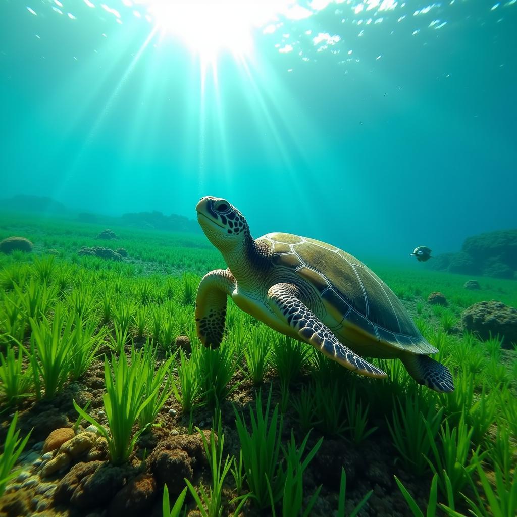 Green Sea Turtle Grazing on Seagrass in a Tropical Ocean