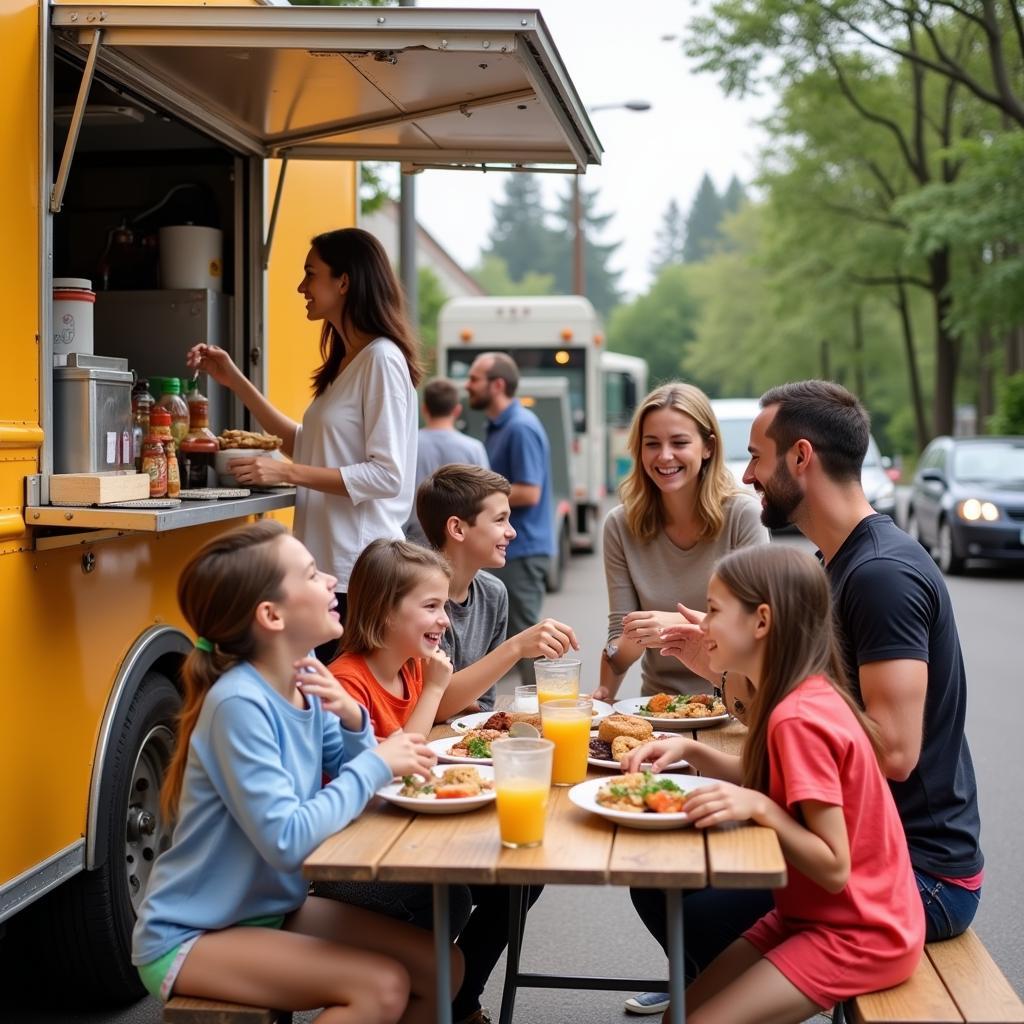 Families enjoying food from a food truck in Greenwood.