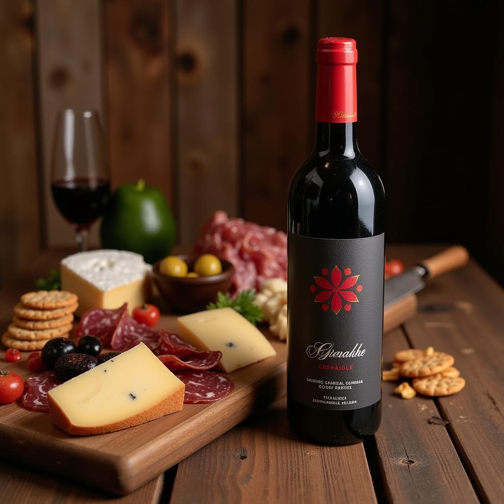 Grenache Wine Bottle with Cheese and Charcuterie Board