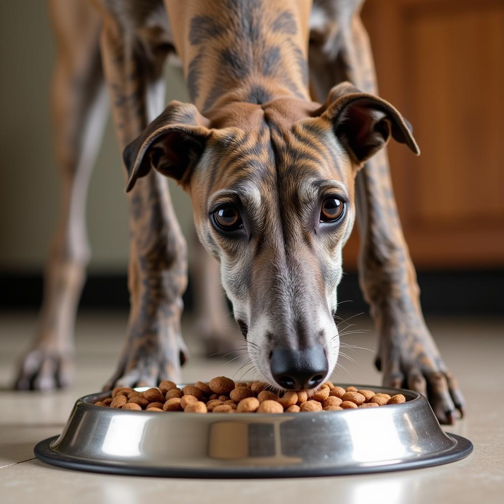 Greyhound Enjoying a Meal of Kibble