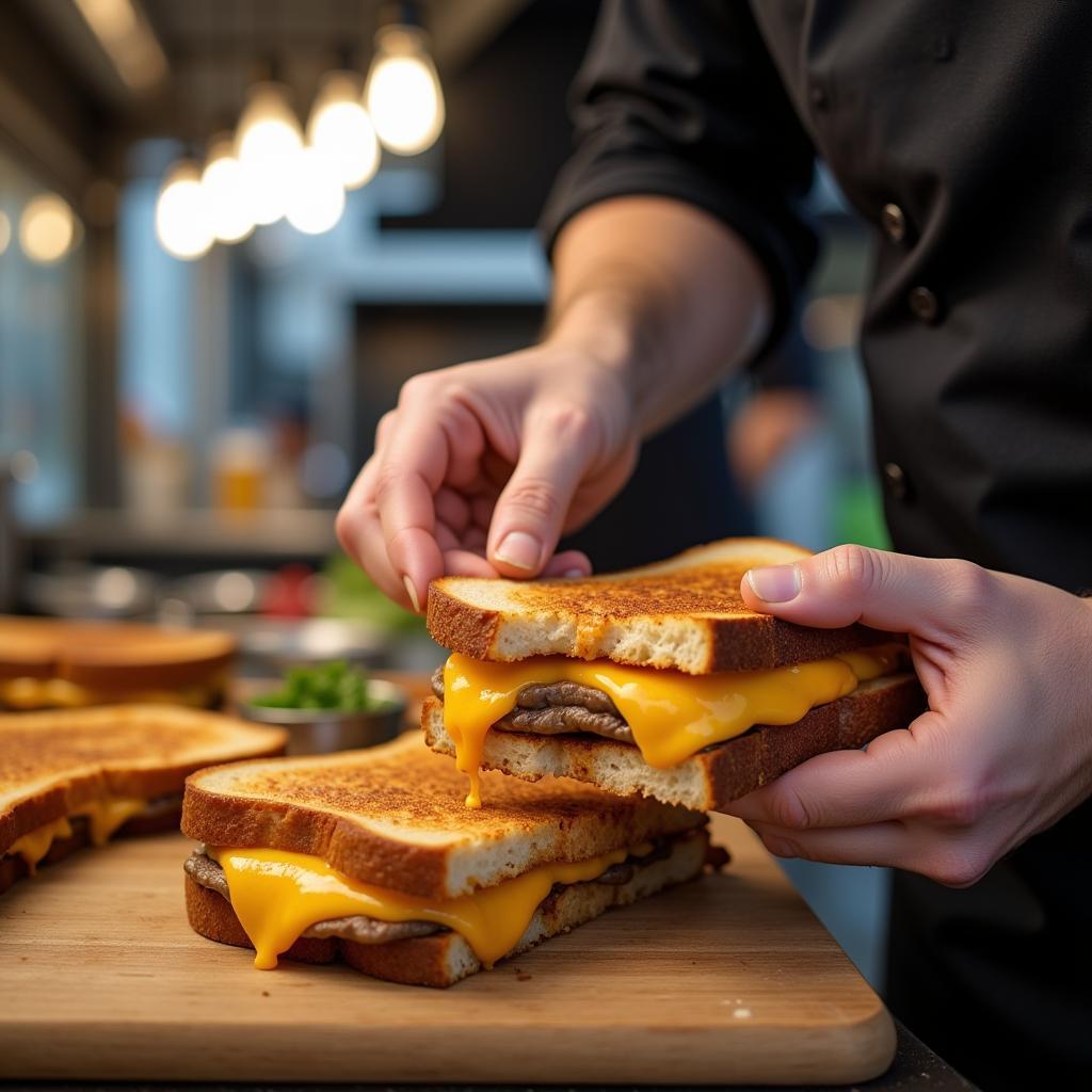 Food Truck Chef Preparing a Grilled Cheese Sandwich