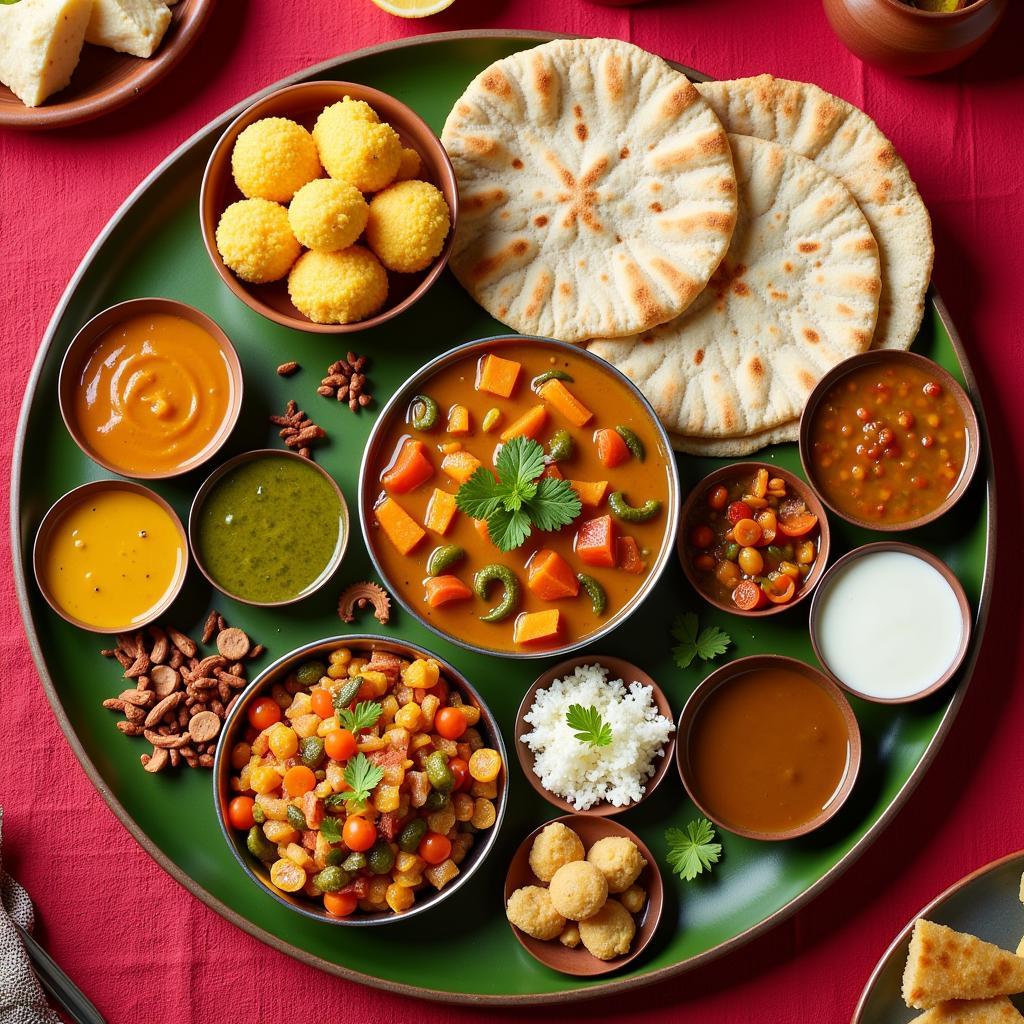 A colorful Gujarati thali with various dishes like dhokla, thepla, dal, rice, and vegetables.