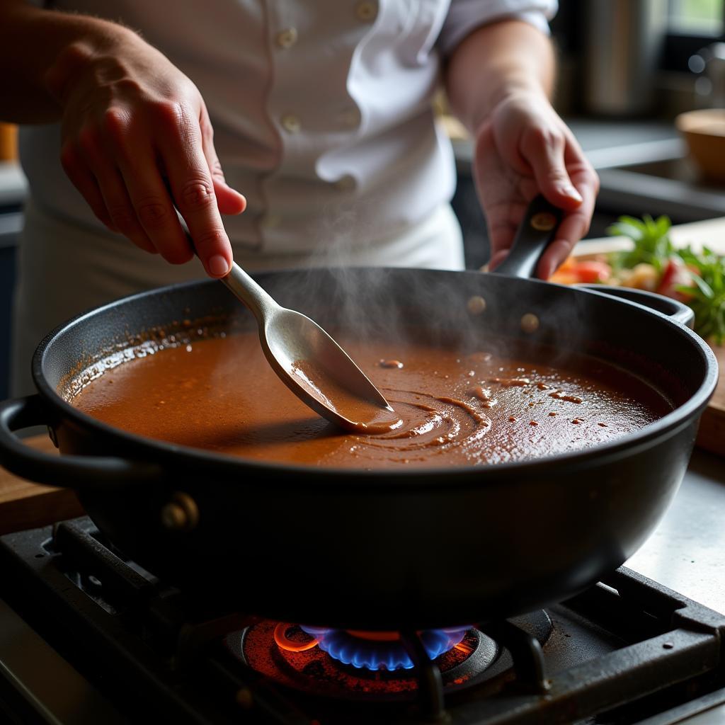 Chef at the Gumbo Extravaganza food truck carefully stirring a roux in a large pot.