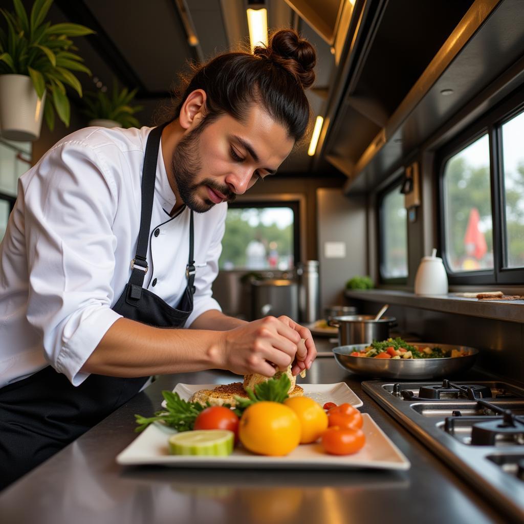 Chef preparing authentic Mexican dishes inside a hacienda food truck.