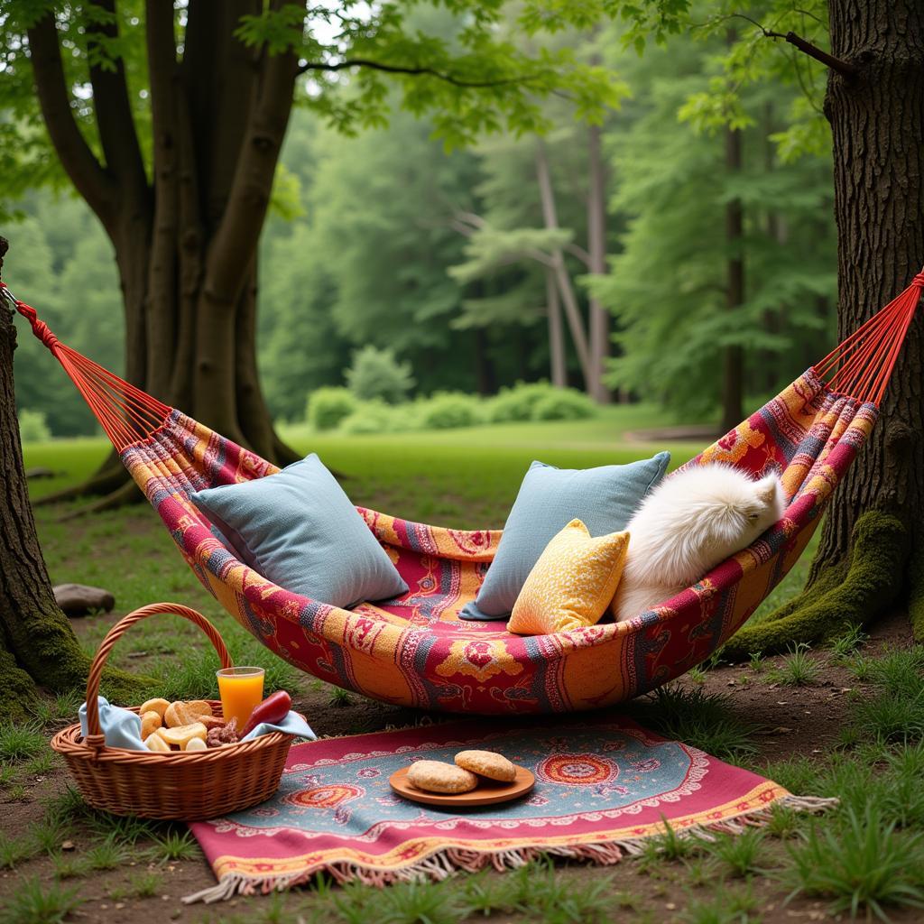 Hammock Picnic Setup: Blanket, Pillows, and Food