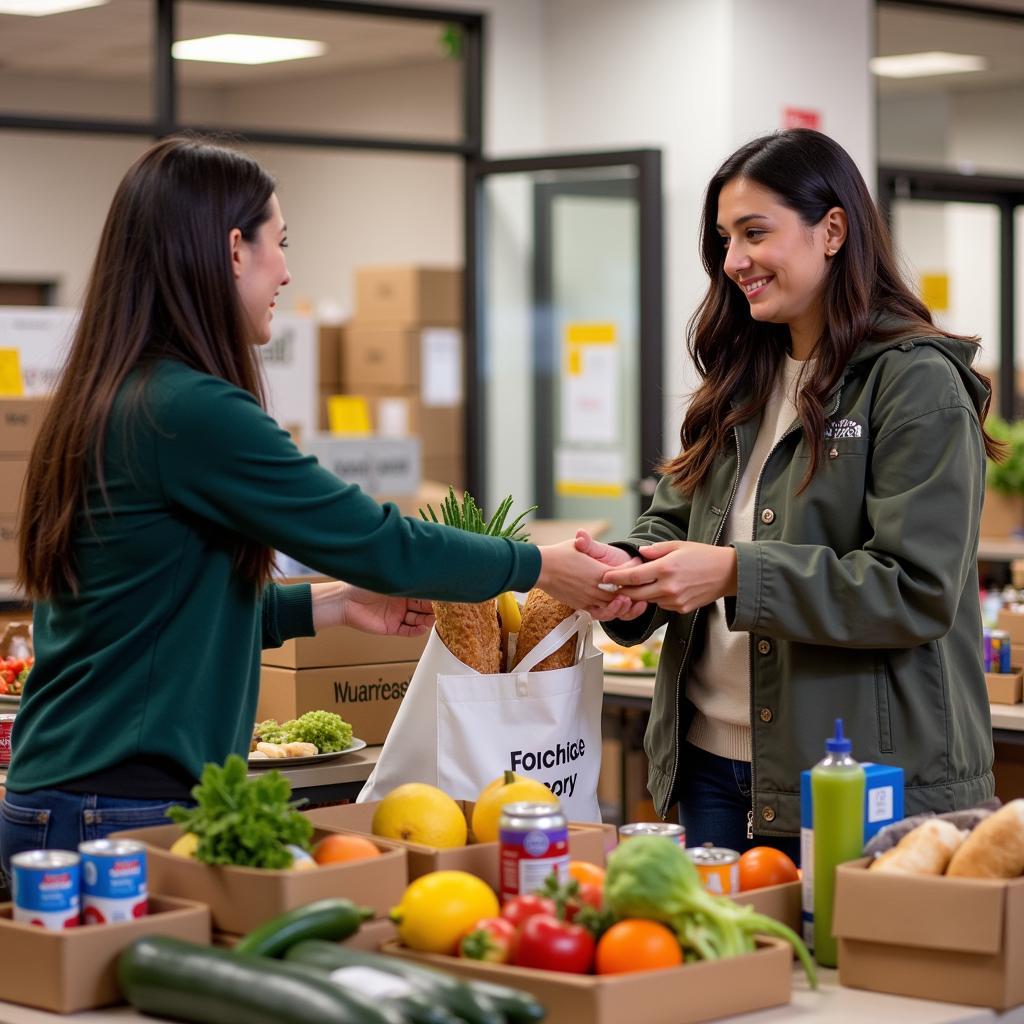 A client receiving a bag of groceries at a Hancock County food pantry