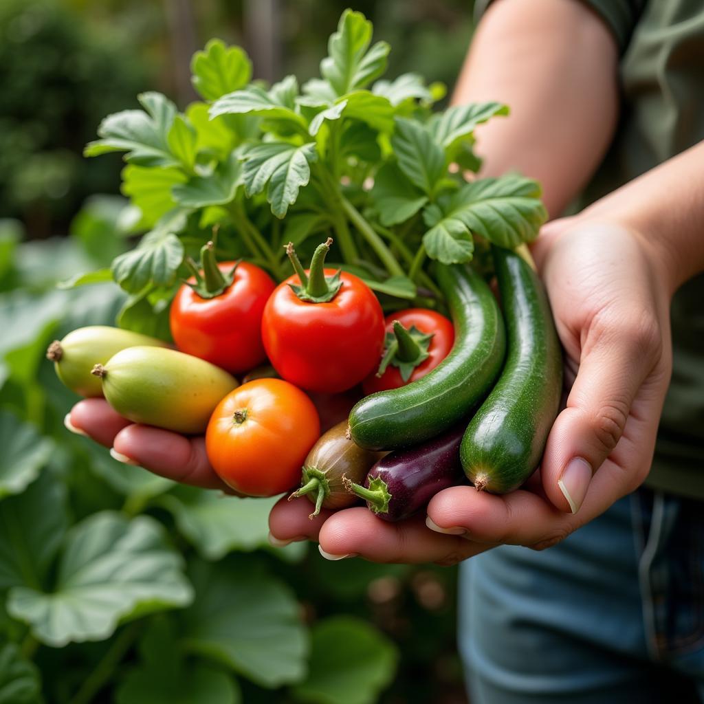 Hands Holding Freshly Harvested Vegetables from a Garden