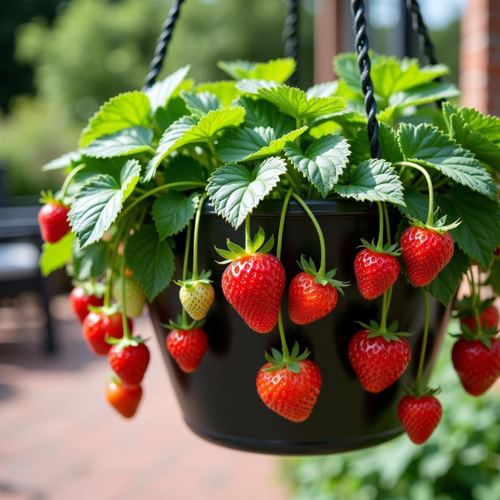 Strawberries thriving in a hanging basket, demonstrating a successful vertical garden.