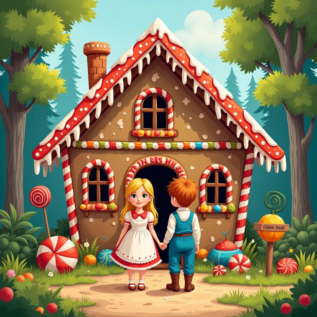 Hansel and Gretel lured by a gingerbread house