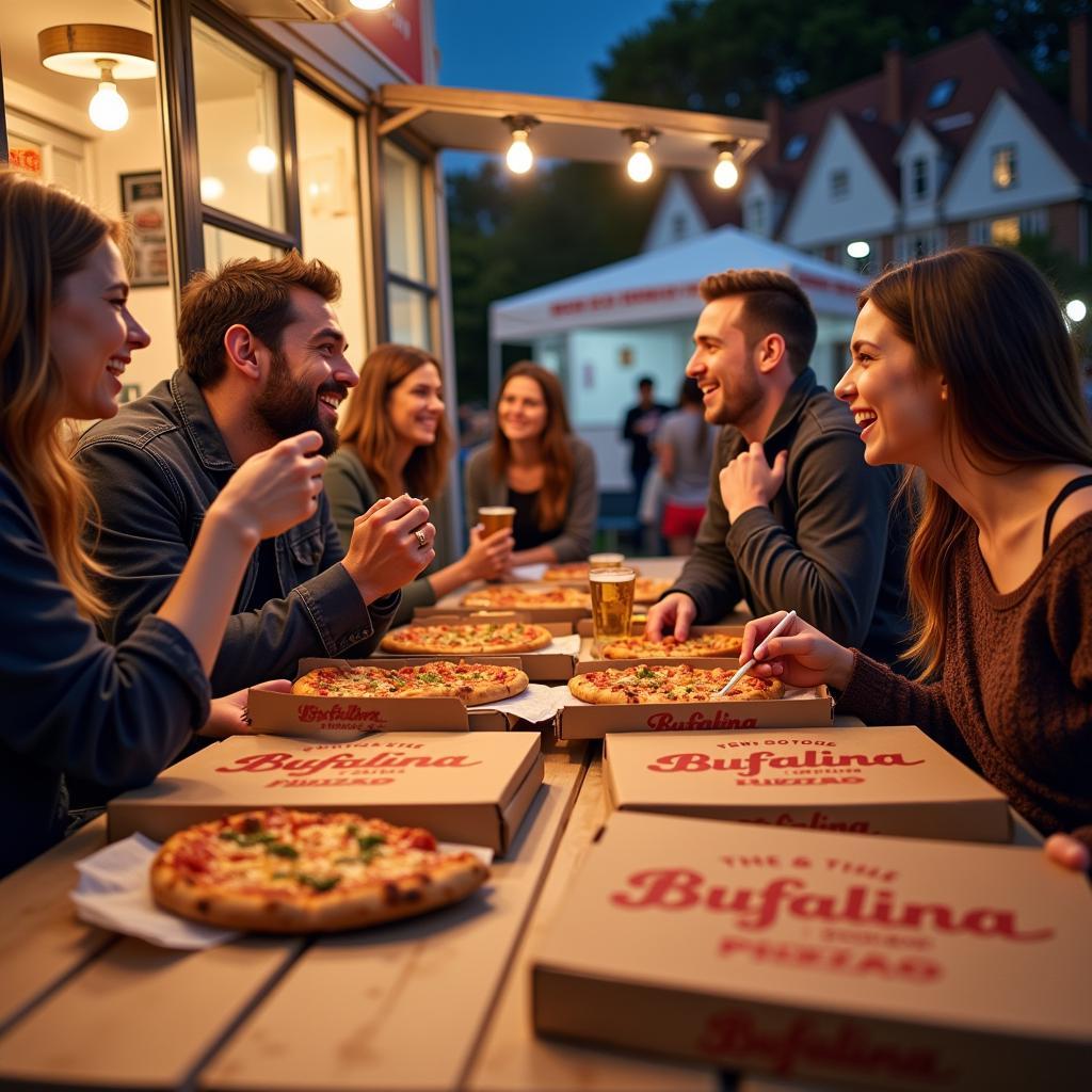 Happy Customers Eating Bufalina Pizza from a Food Truck