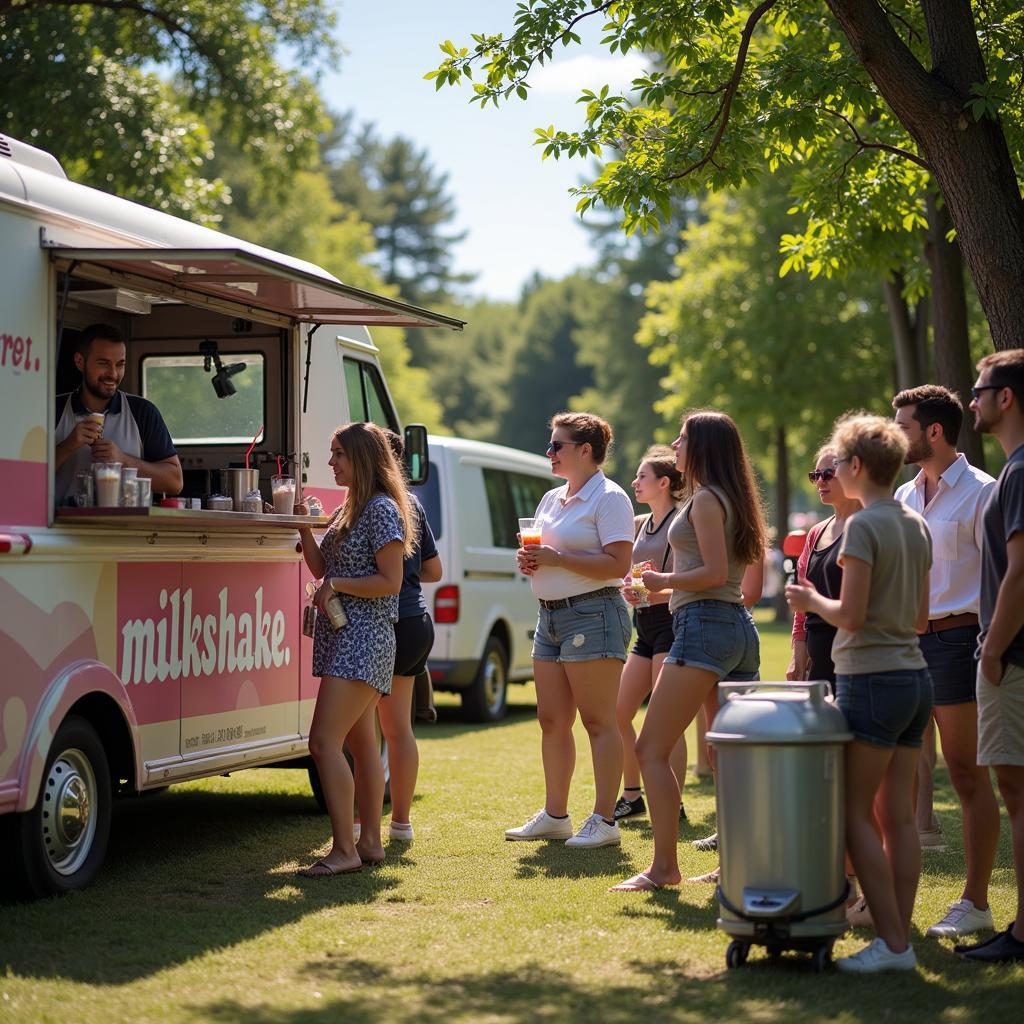 Happy customers enjoying milkshakes from a food truck.