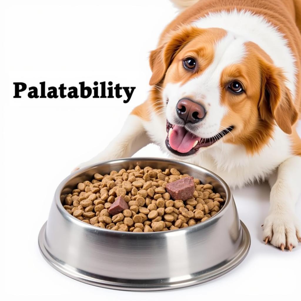 A happy dog enjoying a bowl of dry dog food with lamb.