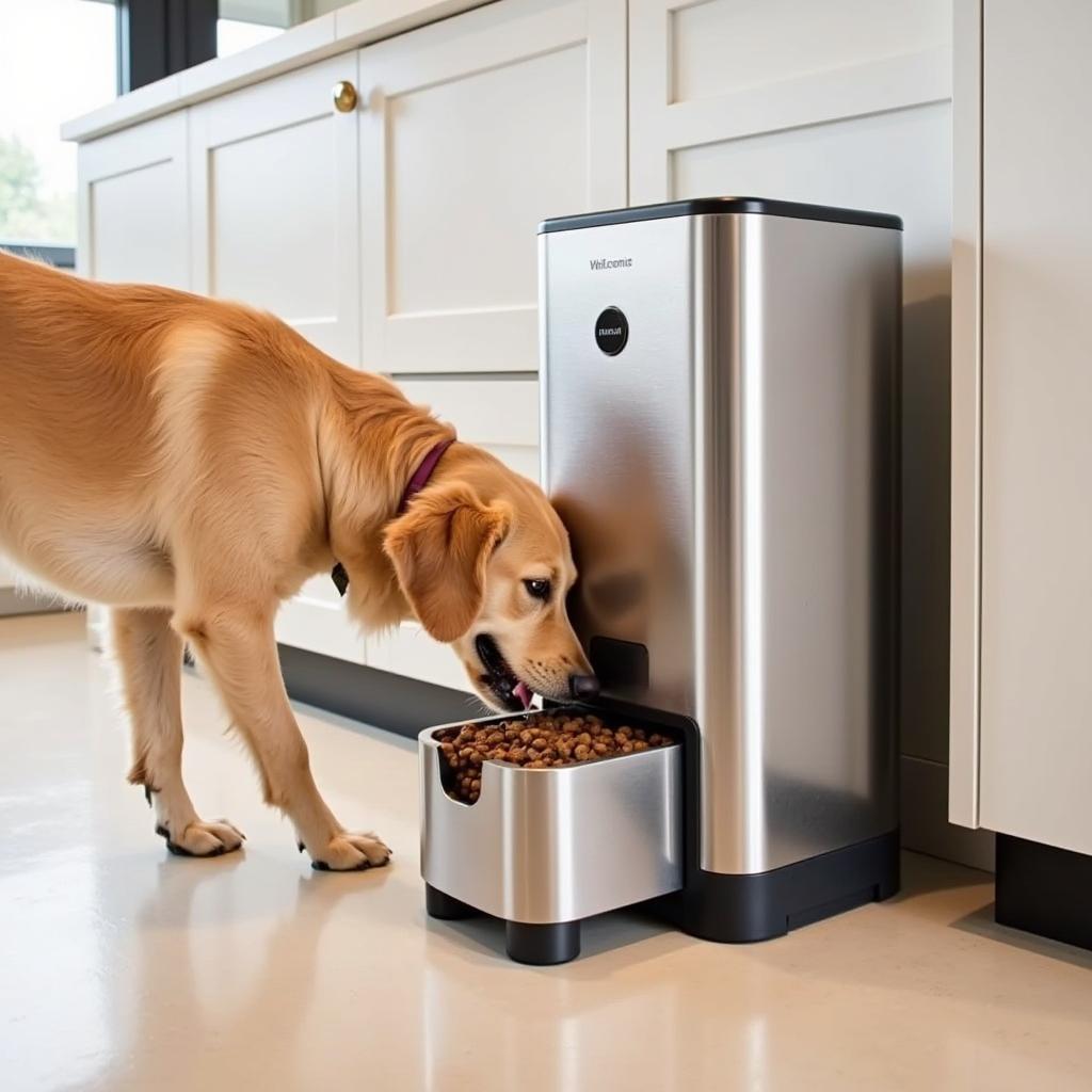 Happy Dog Eating From a Pet Food Dispenser