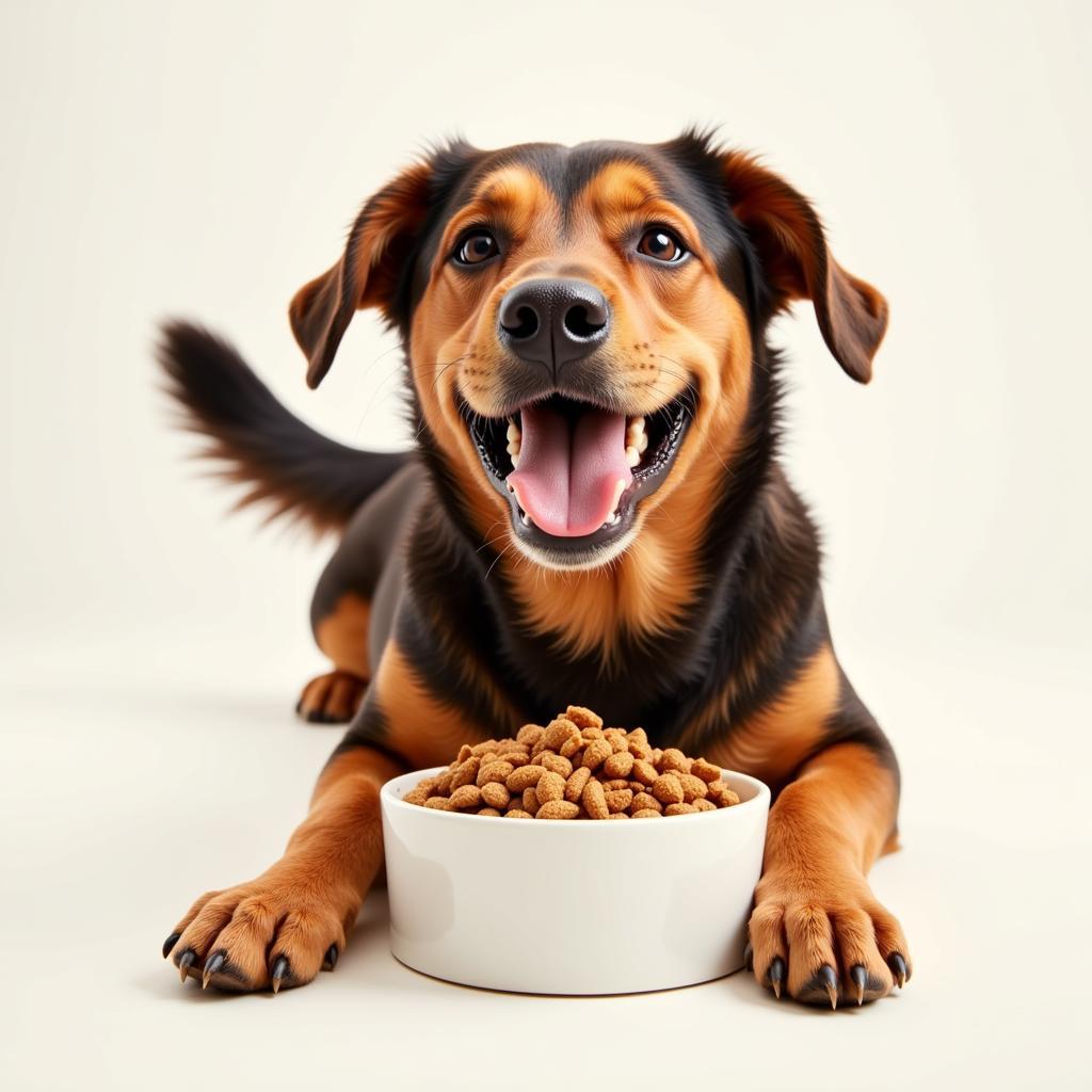 Happy Dog Enjoying a Meal From Its Bowl