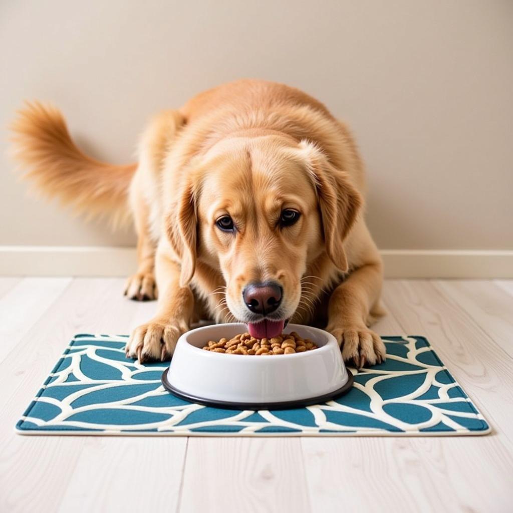 Happy Dog Eating from Bowl on Mat