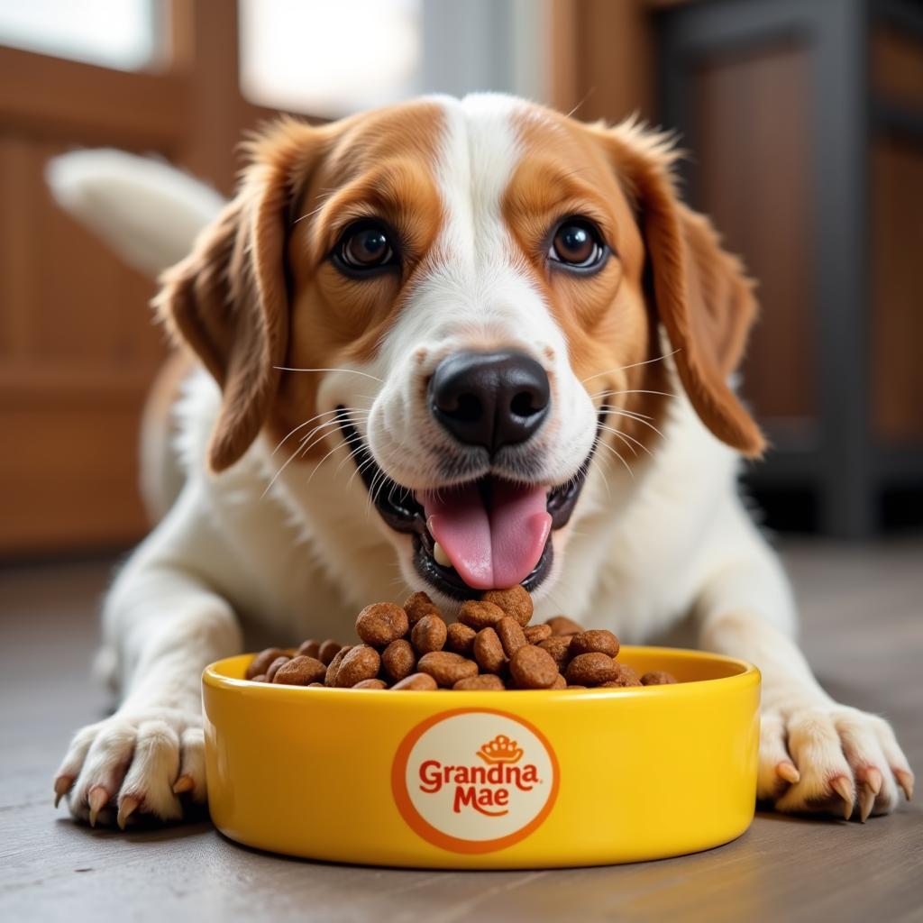 Happy Dog Eating Grandma Mae Dog Food.