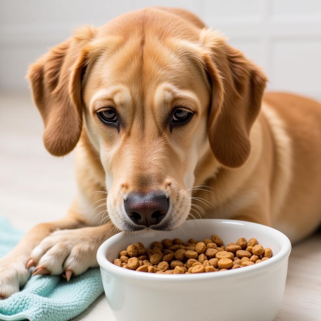 A happy dog enjoying a bowl of healthy dog food