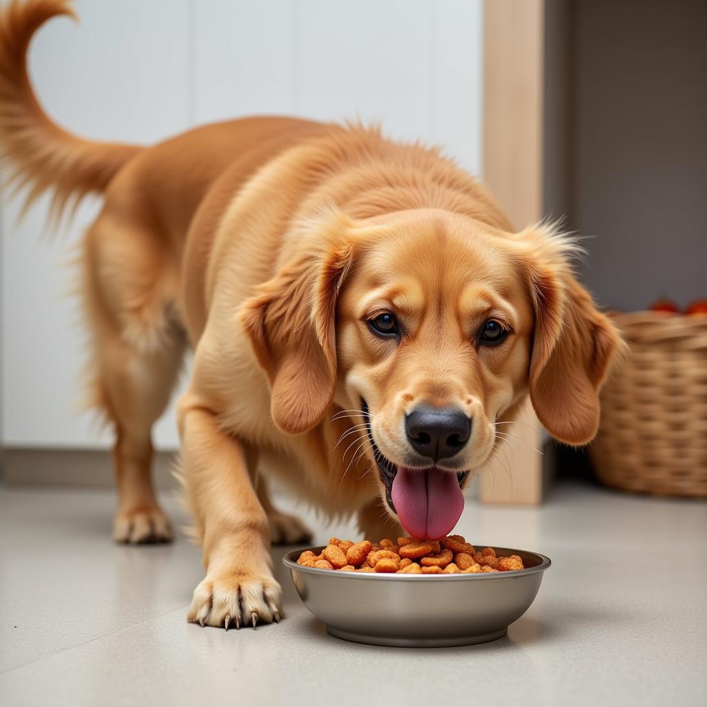 A happy dog enjoying a meal of lightly cooked dog food