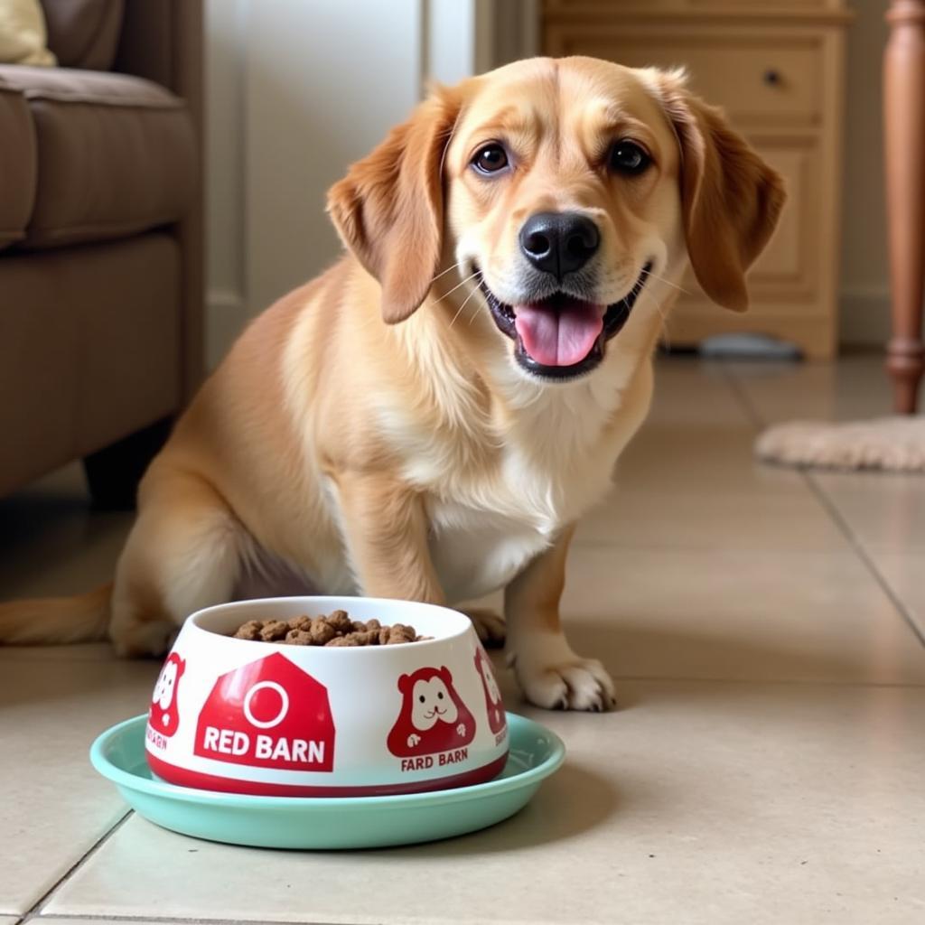 Happy Dog Eating Red Barn