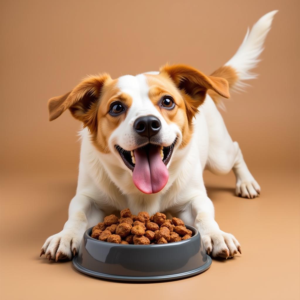 A happy dog enjoying a meal of venison dog food.