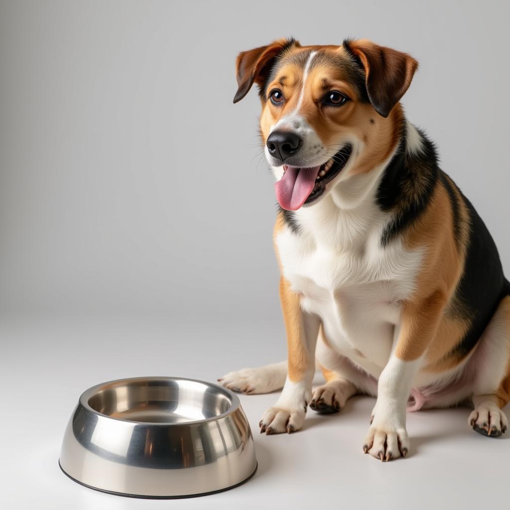 A happy dog sitting next to its maze food bowl, looking content after finishing its meal