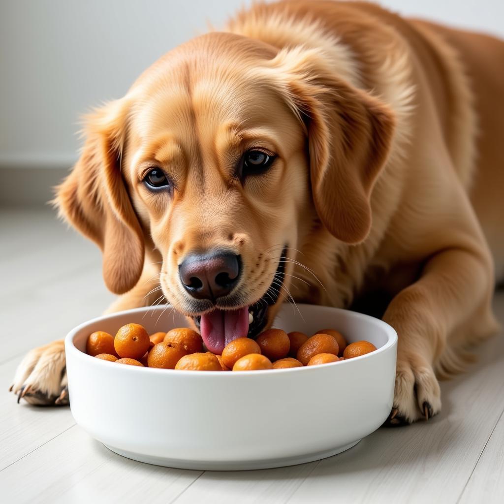 A happy and healthy dog eating its food after taking a food intolerance test