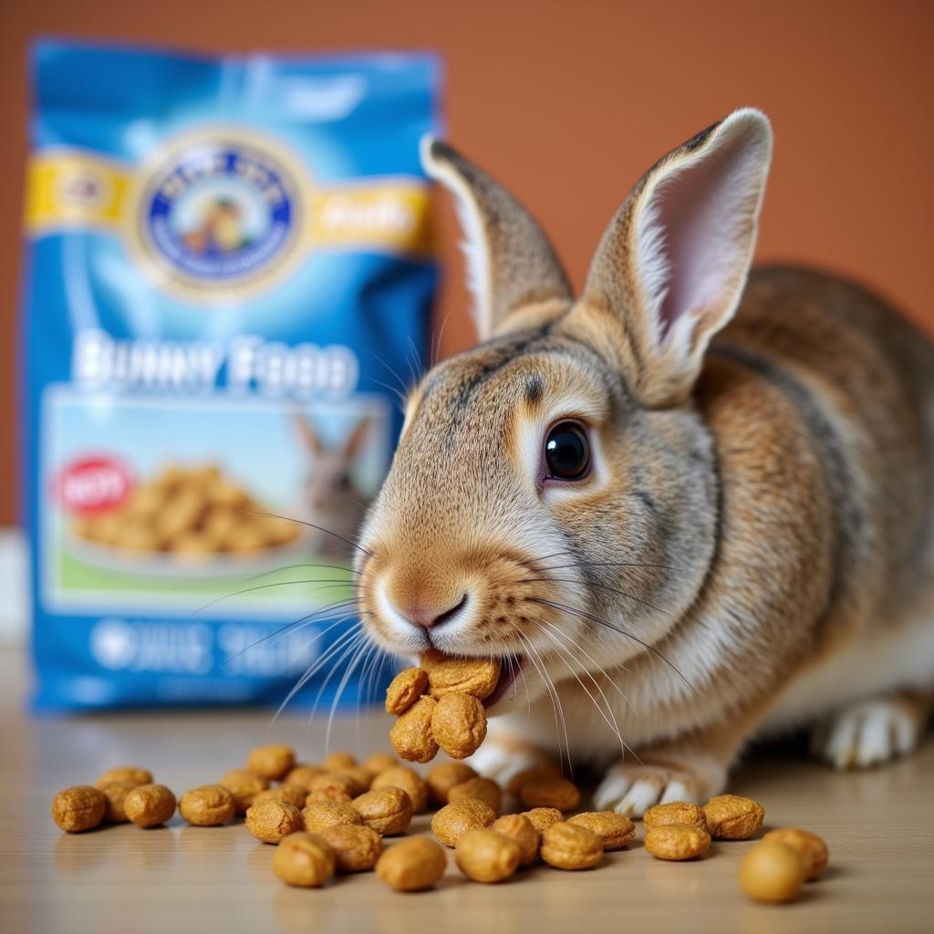 Happy Rabbit Eating Blue Seal Bunny Food