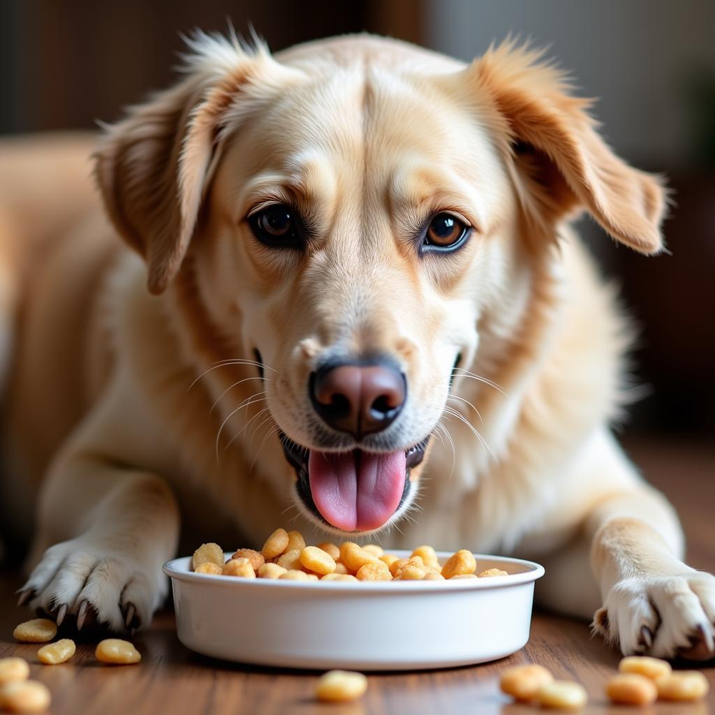 A Toothless Dog Enjoying a Meal of Soft Food