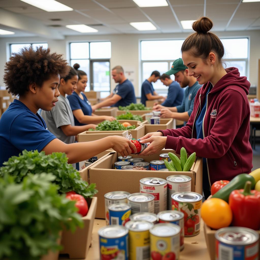 Volunteers sorting and packing food donations at a harvest church food pantry