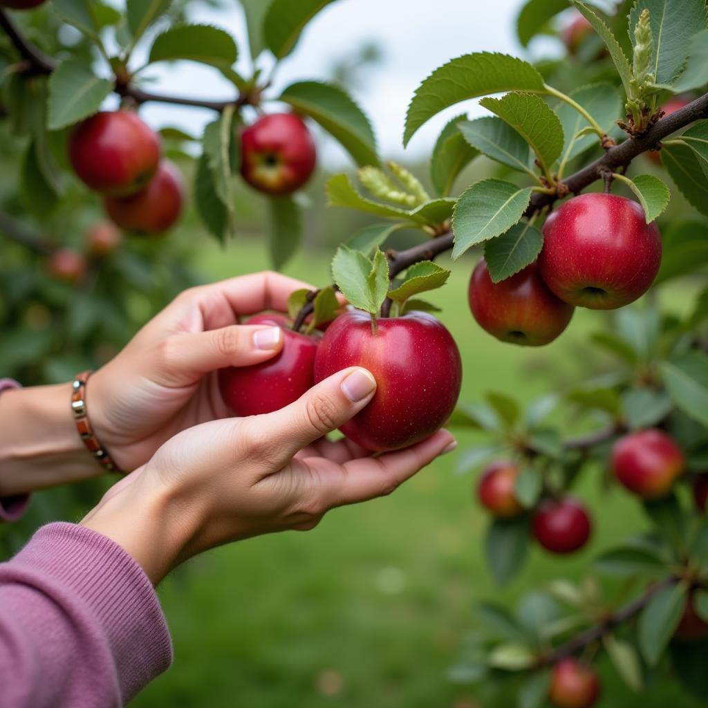 A Person Harvesting Ripe Apples from a Tree in an Orchard