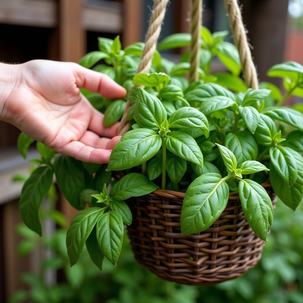 Harvesting fresh herbs from a hanging basket garden.