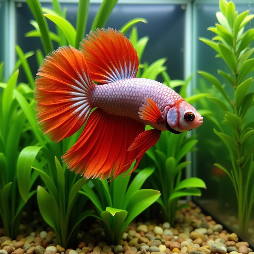 A healthy betta fish in a well-maintained aquarium