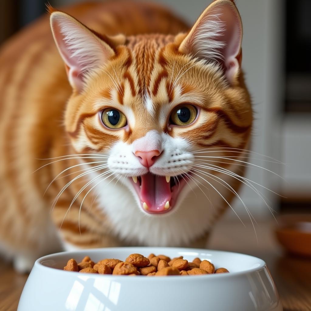 A healthy cat enjoying its meal