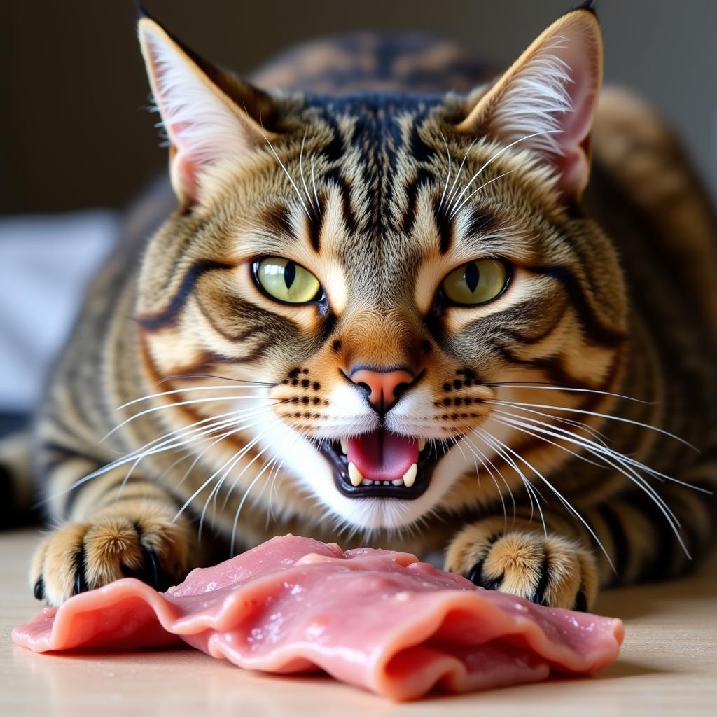 Healthy Cat Eating Raw Rabbit