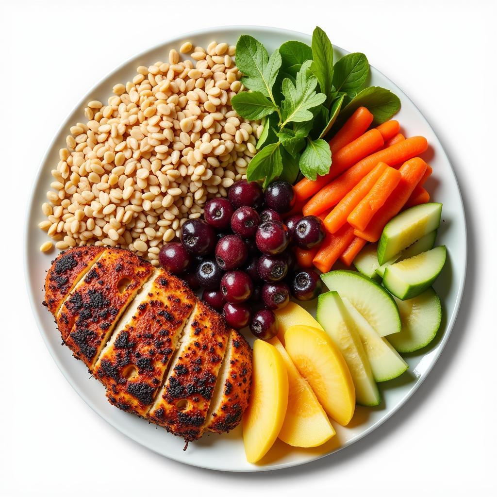 Healthy Eating: A Modern Approach: Depicting a balanced meal with a variety of whole grains, lean protein, fruits, and vegetables, aligned with contemporary dietary recommendations.