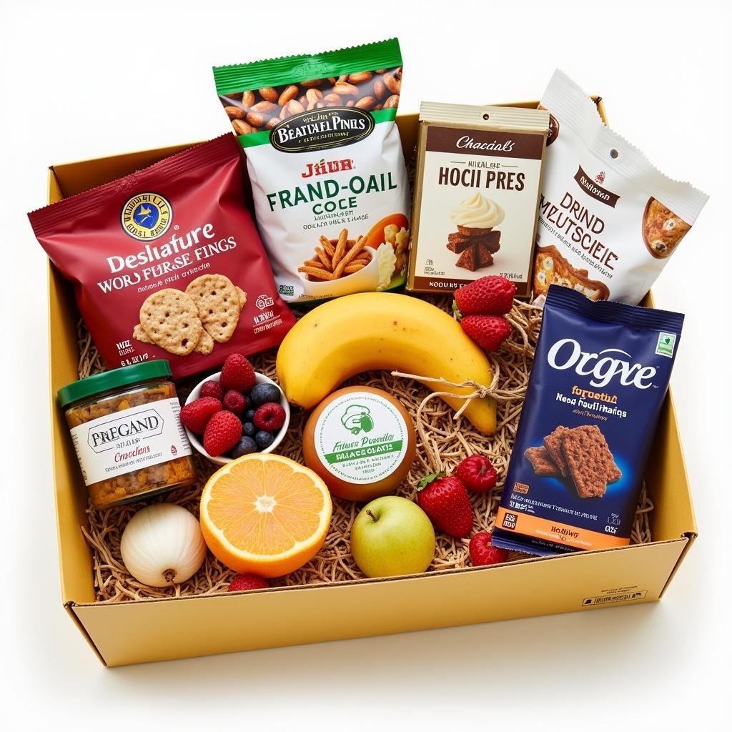 A gift box containing a variety of healthy foods, including fruits, nuts, and whole-grain snacks, catering to different dietary preferences.