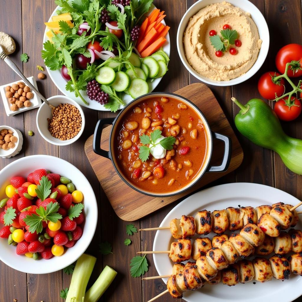 Healthy Game Day Food: Veggie Platter, Turkey Chili, Grilled Chicken Skewers, and Fruit Salad