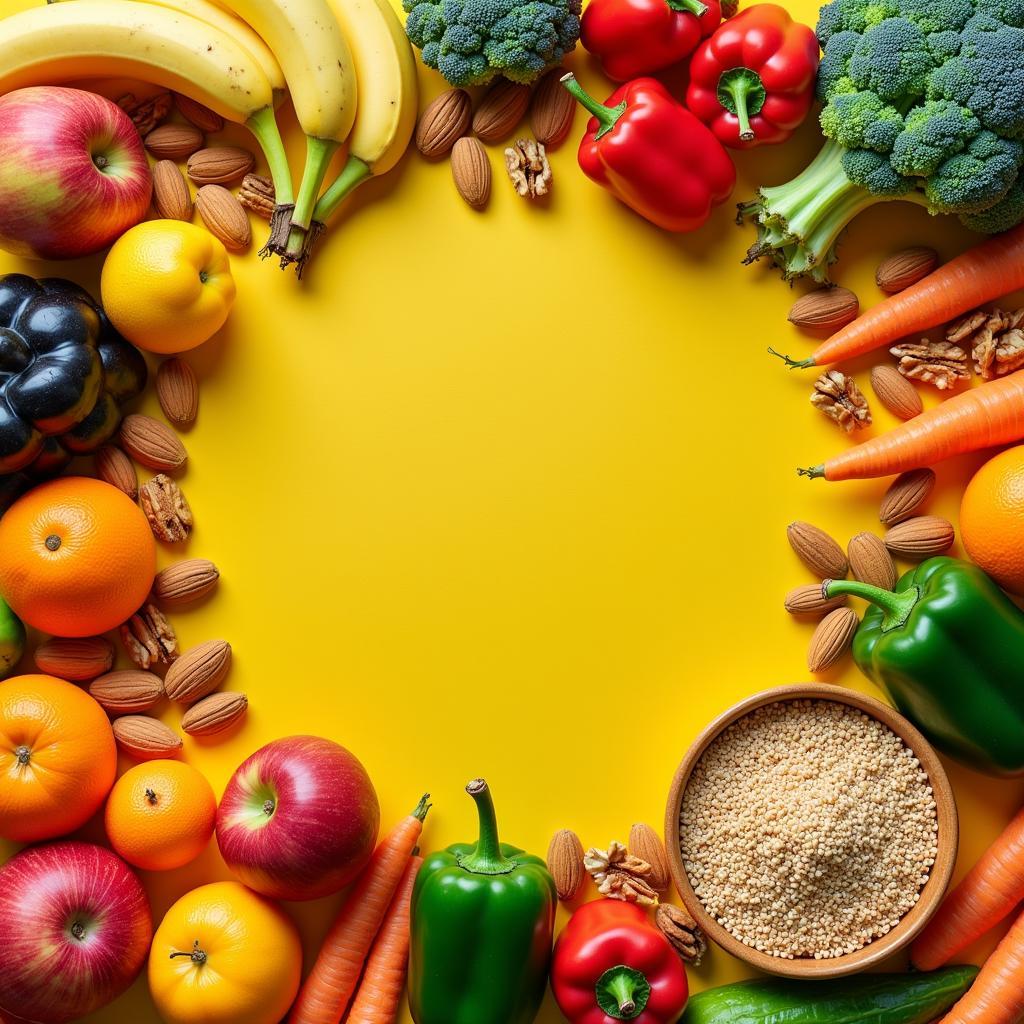 Assortment of fresh fruits, vegetables, nuts, and whole grains.