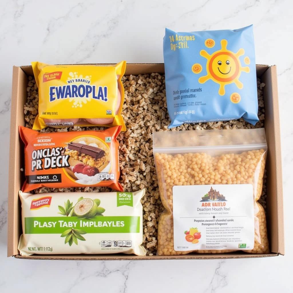 A box filled with a variety of healthy snacks suitable for new parents, including nuts, dried fruits, and granola bars.