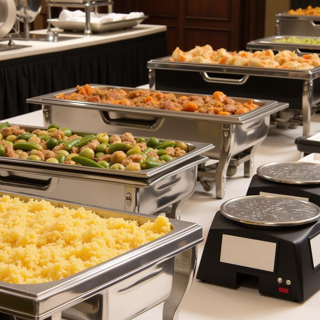 Heating racks set up on a buffet table with various food items