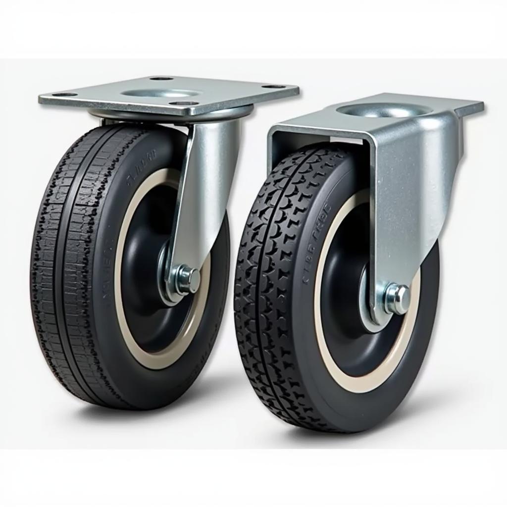 Heavy-duty food service cart wheels capable of supporting significant weight.