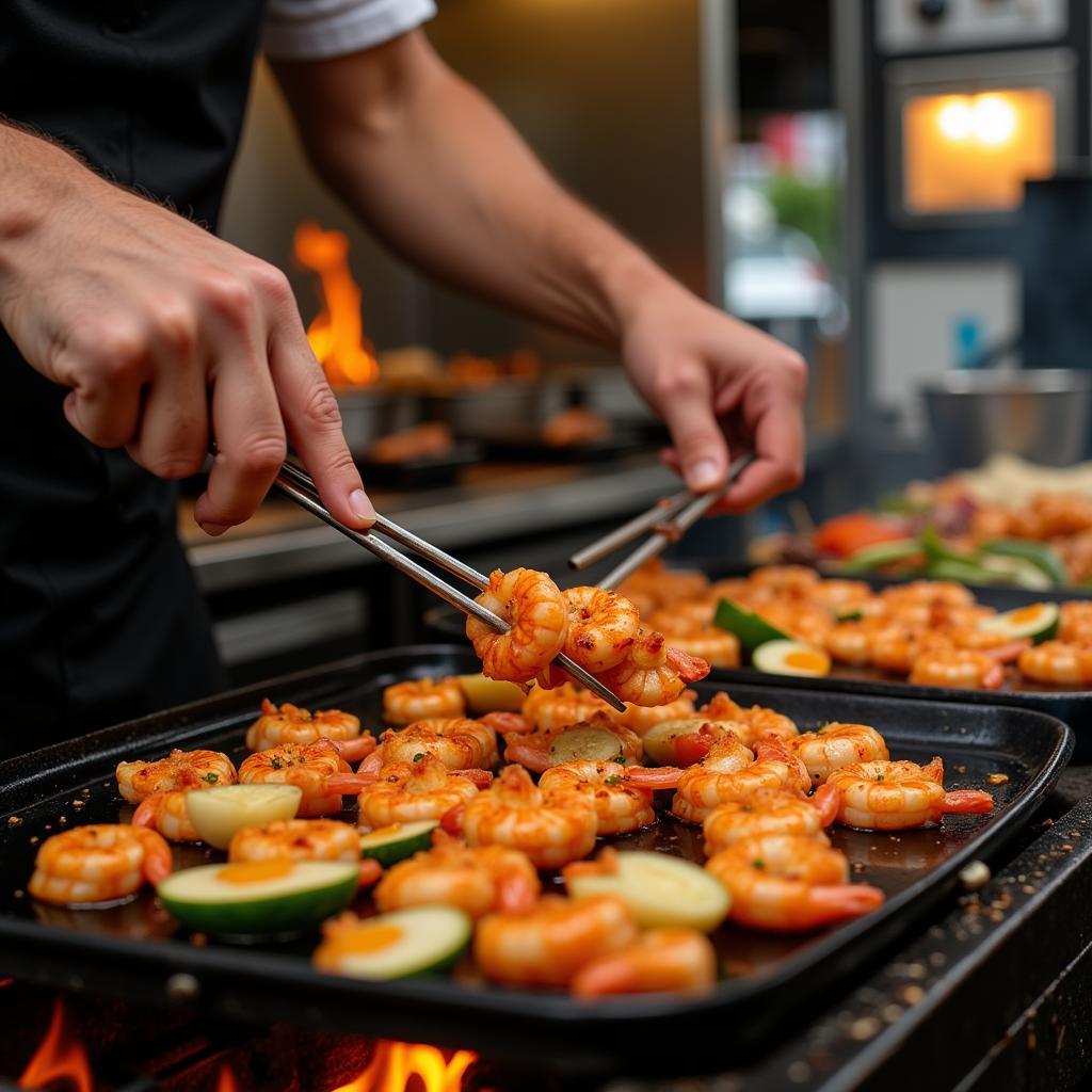 Hibachi chef expertly preparing food on a food truck grill