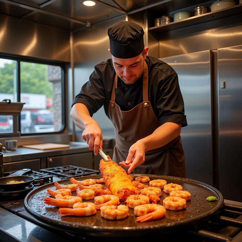 Hibachi chef expertly preparing a meal on a food truck grill